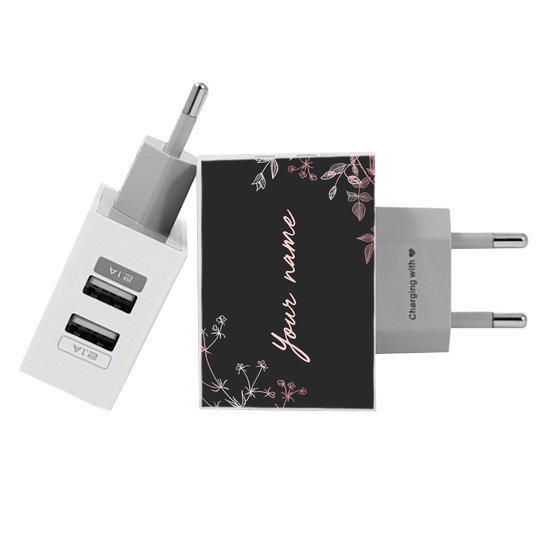 Customized Dual Usb Wall Charger for iPhone and Android - Rosé Branch Handwritten Black (EU plug compatible)