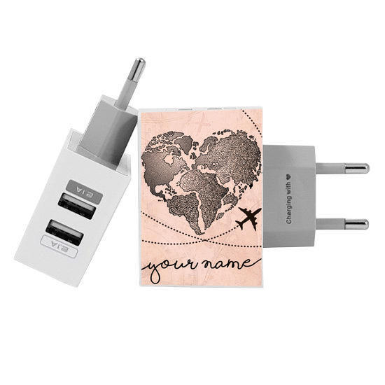 Customized Dual Usb Wall Charger for iPhone and Android - World Map Heart Vintage (EU plug compatible)