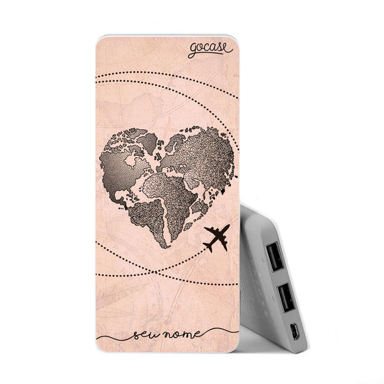 Carregador Portátil Power Bank Slim (5000mAh) - Coração Mapa Mundi Vintage
