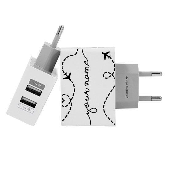 Customized Dual Usb Wall Charger for iPhone and Android - Around the World - Handwritten (EU plug compatible)