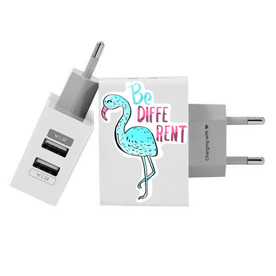 Customized Dual Usb Wall Charger for iPhone and Android - Blue Flamingo (EU plug compatible)
