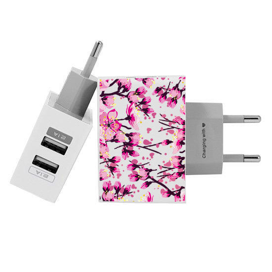 Customized Dual Usb Wall Charger for iPhone and Android - Cherry Blossom (EU plug compatible)