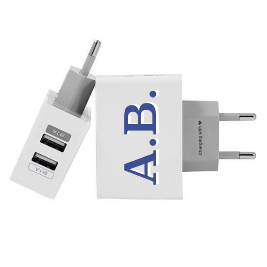 Customized Dual Usb Wall Charger for iPhone and Android - Initials - Blue and White (EU plug compatible)