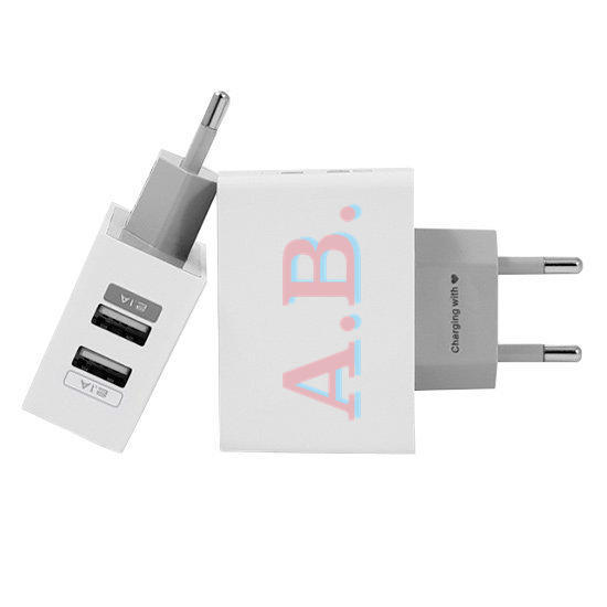 Customized Dual Usb Wall Charger for iPhone and Android - Initials - Pink and Light Blue (EU plug compatible)
