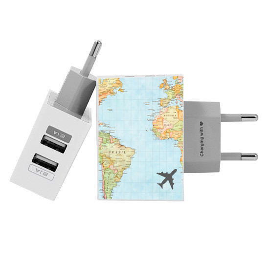 Customized Dual Usb Wall Charger for iPhone and Android - Mapa Mundi (EU plug compatible)