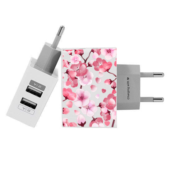 Customized Dual Usb Wall Charger for iPhone and Android - Cherry Petals (EU plug compatible)
