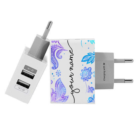 Customized Dual Usb Wall Charger for iPhone and Android  - Purple Handwritten (EU plug compatible)