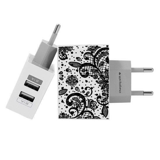 Customized Dual Usb Wall Charger for iPhone and Android - Lace Black (EU plug compatible)