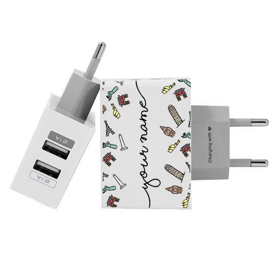 Customized Dual Usb Wall Charger for iPhone and Android - Viagem dos Sonhos Manuscrita by Bruna Vieira (EU plug compatible)
