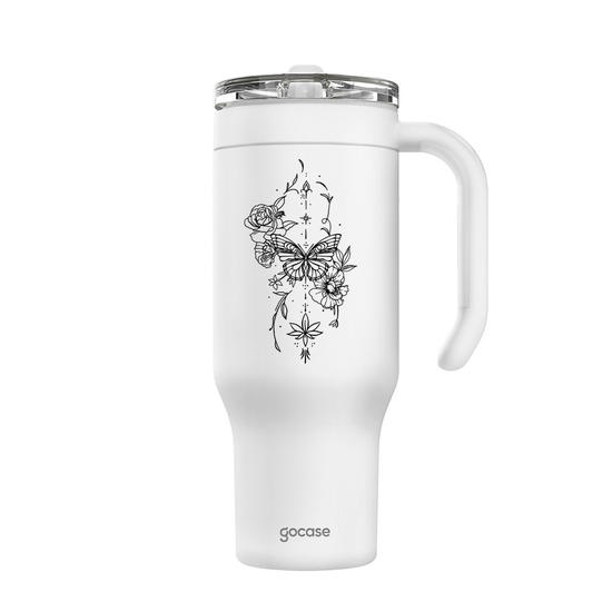 Copo Térmico Life + Ebook -  Borboleta com Flores Lineart