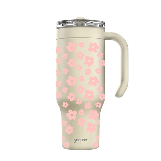 Copo Térmico Life + Ebook -  Pattern Flores Organicas Rosa Claro