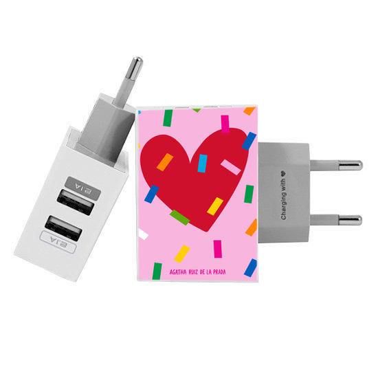 Customized Dual Usb Wall Charger for iPhone and Android - Funny Heart Pink