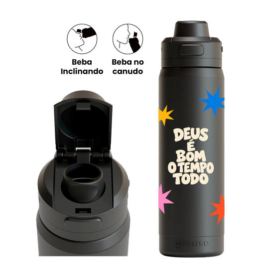 Garrafa Térmica Flip Pro + Ebook - Deus é Bom o Tempo Todo
