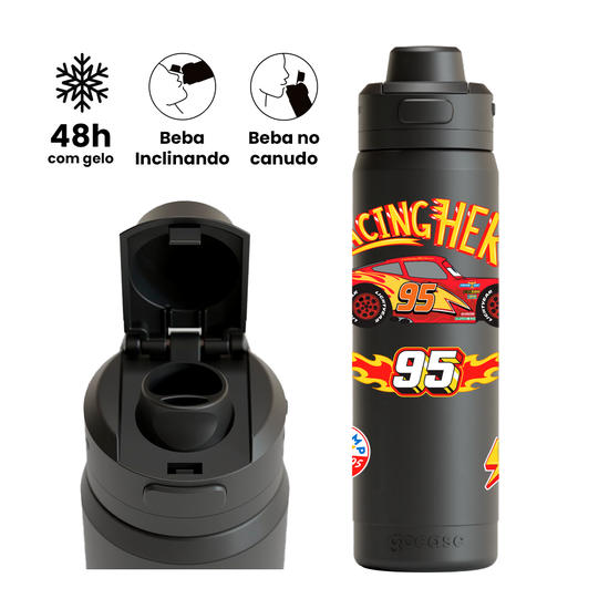Garrafa Térmica Flip Pro + Ebook -  Carros - Racing Hero