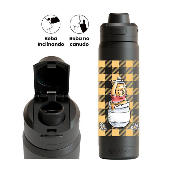 Garrafa Térmica Flip Pro + Ebook - Ursinho Pooh - Xadrez e Margaridas