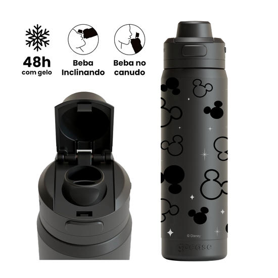 Garrafa Térmica Flip Pro + Ebook -  Mickey & Amigos - Mickey Pattern Minimalista Preto