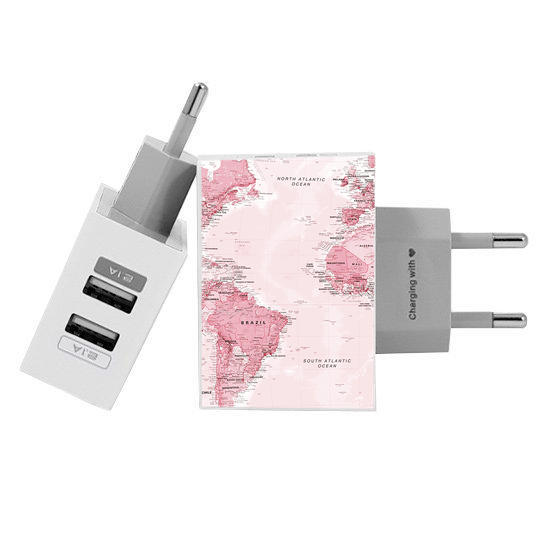 Customized Dual Usb Wall Charger for iPhone and Android - World Map Pink (EU plug compatible)