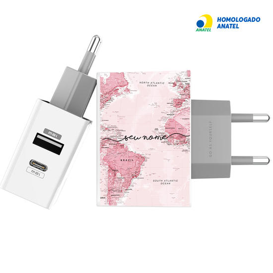 Carregador Turbo Power 20W Gocase - Iphone / Android - Mapa Mundi Rosa