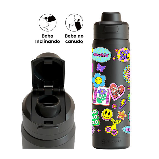 Garrafa Térmica Flip Pro + Ebook -  Groovy Club Stickers