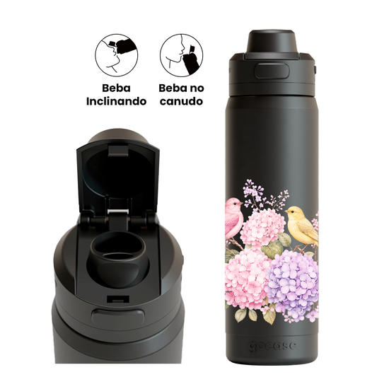 Garrafa Térmica Flip Pro - Pássaros e Hortências