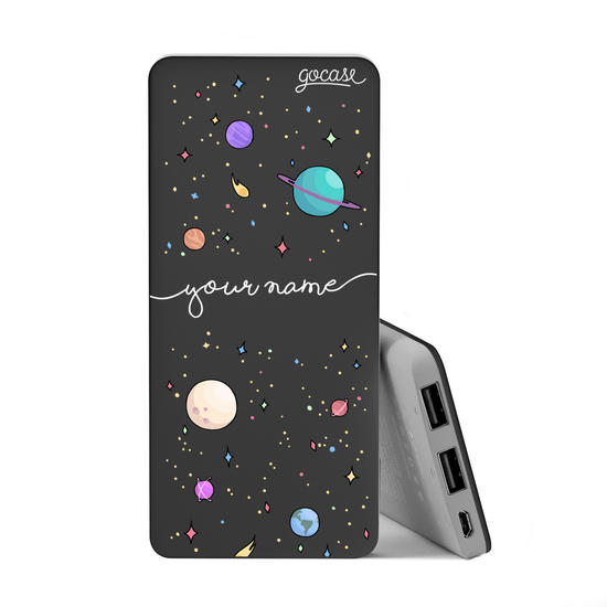 Power Bank Slim Portable Charger (5000mAh) Black - Planets Handwritten