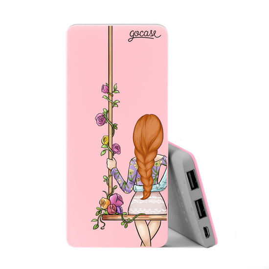 Power Bank Slim Portable Charger (5000mAh) Pink - BFF - Floral (Left)