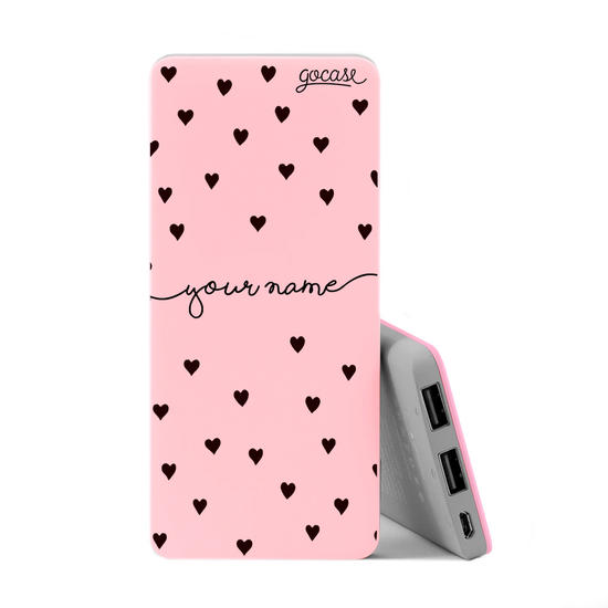 Power Bank Slim Portable Charger (5000mAh) Pink - Pattern Black Hearts