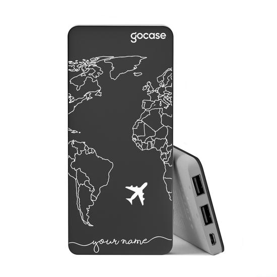 Power Bank Slim Portable Charger (5000mAh) Black - Mapa Mundi Lines White