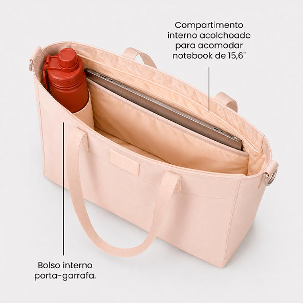 Compartimento interno acolchoado para notebook de 15,6" e bolso porta-garrafa