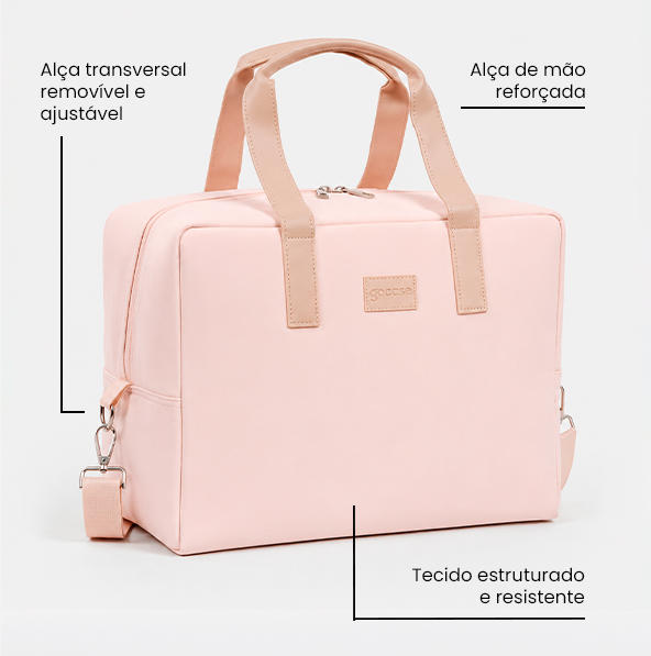 Bolsa Joy Pro rosa com alça transversal removível, alça de mão reforçada e tecido estruturado