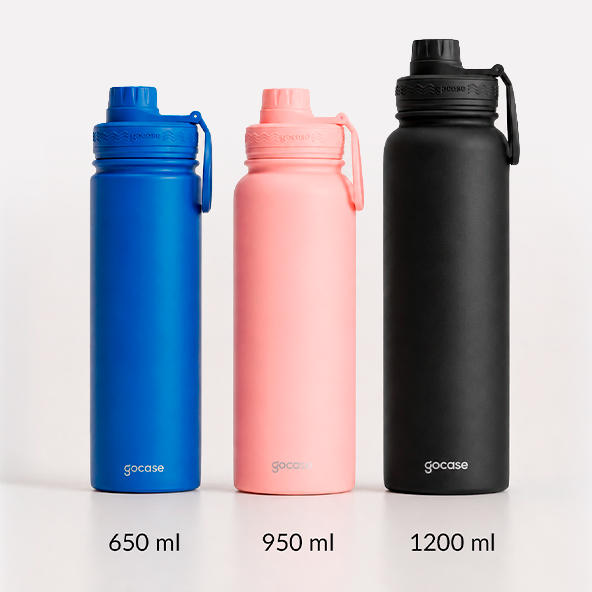 Garrafa Fresh nas cores azul, rosa e preta nos tamanhos 650 ml, 950 ml e 1200 ml