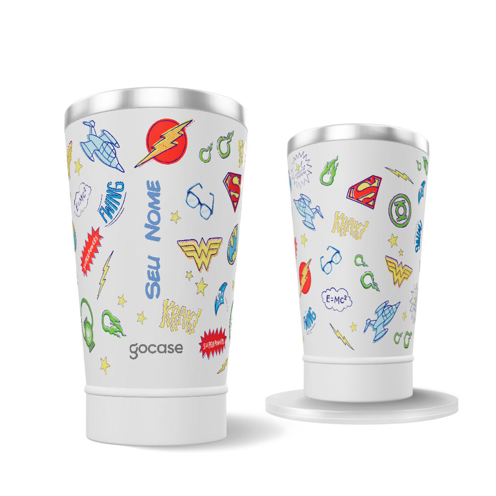 Copo Térmico + Ebook - DC - Emblemas Patches