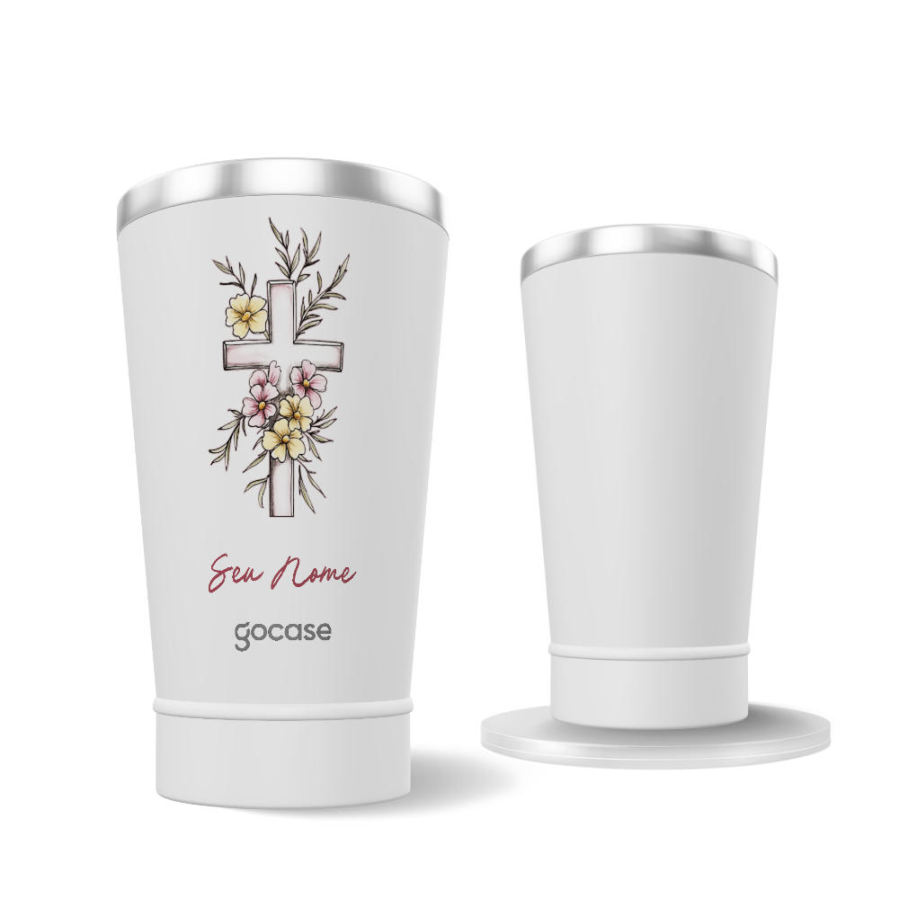 Copo Térmico + Ebook -  Cruz Floral Delicada