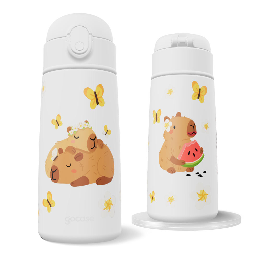 Garrafa Térmica Fun + Ebook - Capivara Floral e Borboletas