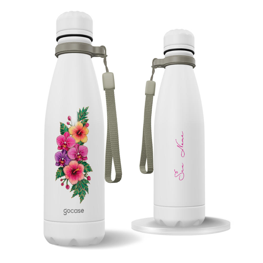 Garrafa Térmica Urban + Ebook - Flores Tropicais Bordadas