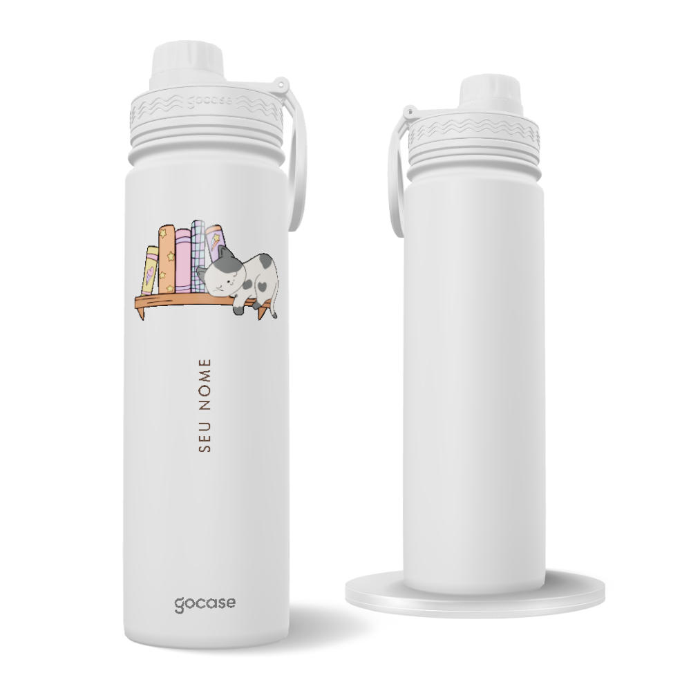 Garrafa Térmica Fresh + Ebook - Nome Gatinho na Estante de Livros Minimalista