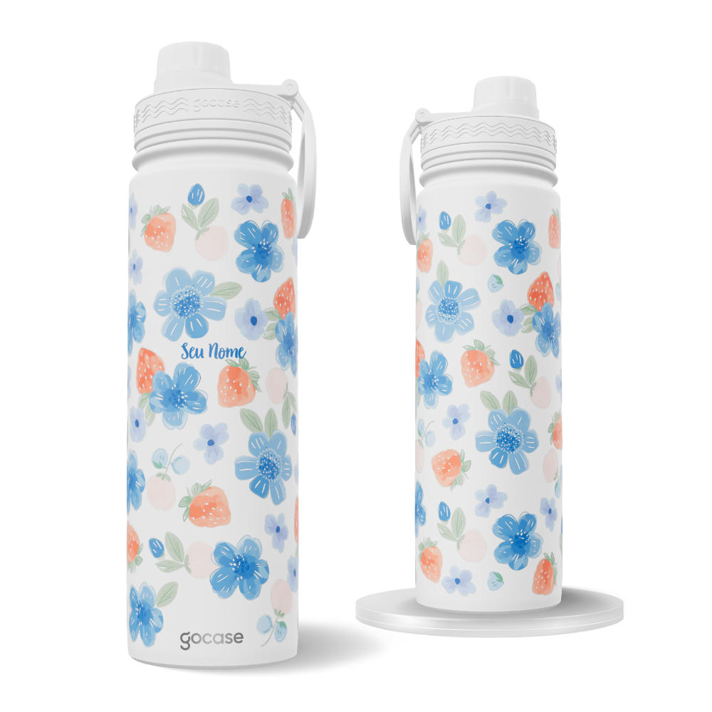 Garrafa Térmica Fresh + Ebook - Blue Flowers Strawberry