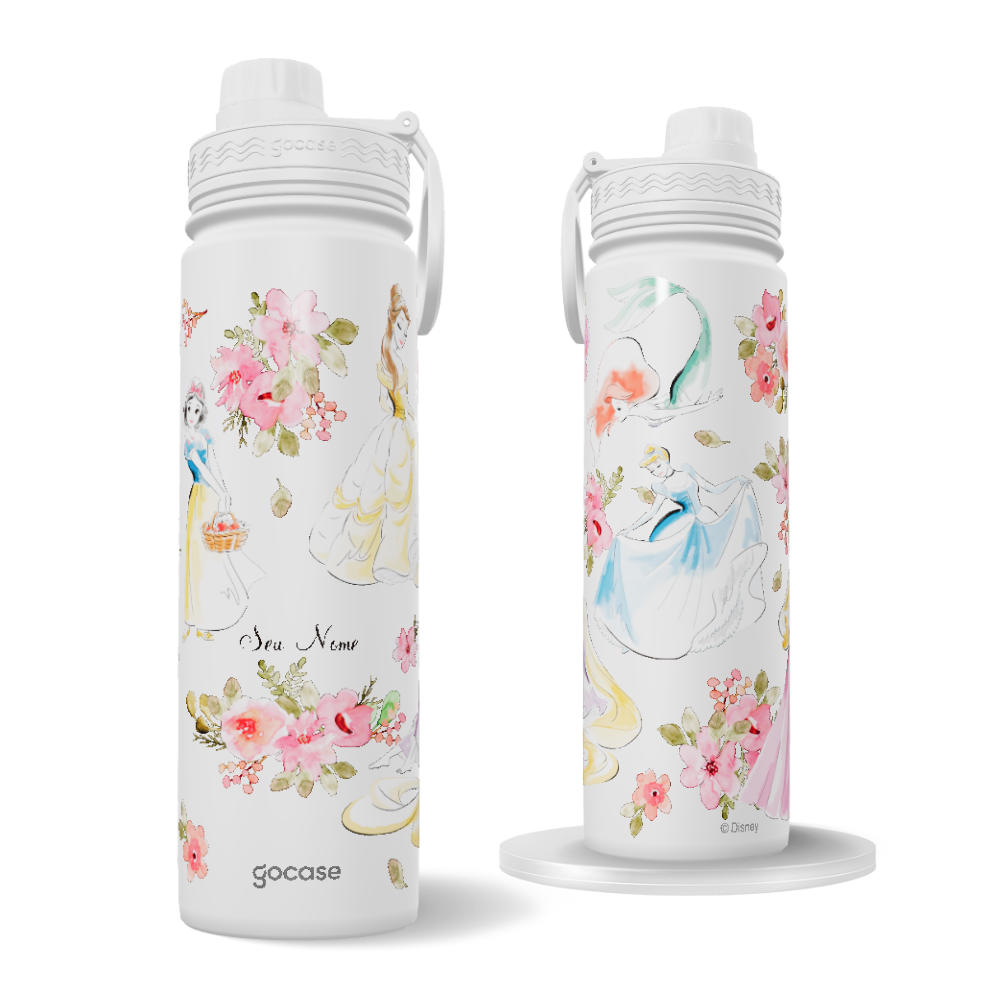 Garrafa Térmica Fresh + Ebook - Princesas - Flores em Aquarela