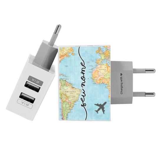 Carregador Personalizado iPhone/Android Duplo USB de Parede Gocase - Mapa Mundi