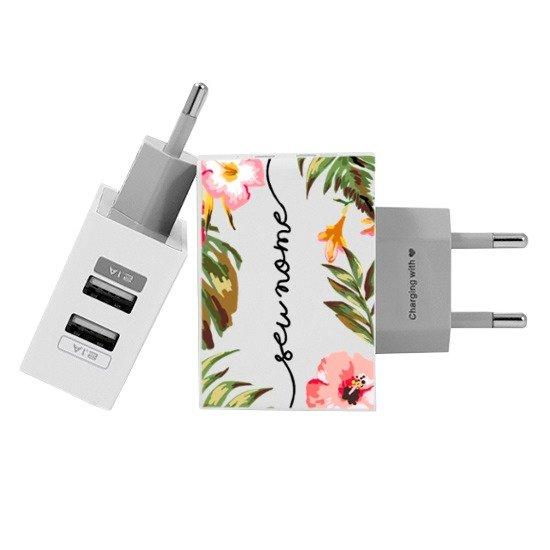 Carregador Personalizado iPhone/Android Duplo USB de Parede Gocase - Floral Manuscrita