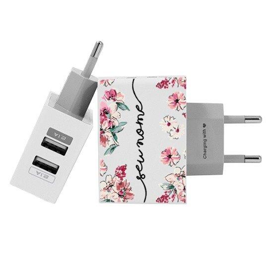 Carregador Personalizado iPhone/Android Duplo USB de Parede Gocase - Flores Rosê