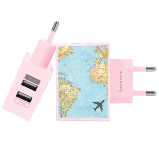 Carregador Personalizado Rosa iPhone/Android Duplo USB de Parede Gocase - Mapa Mundi