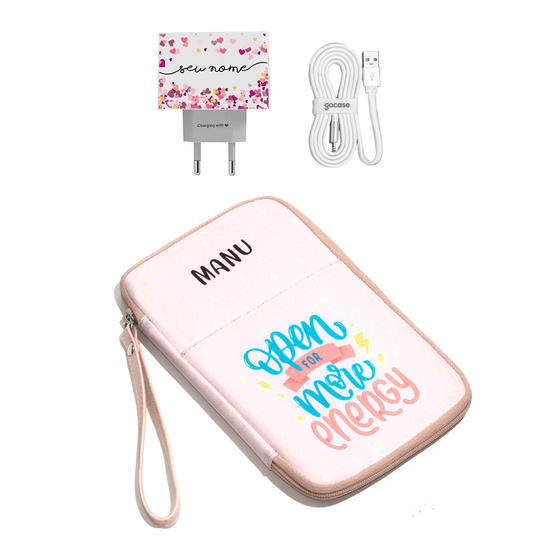 Kit Porta Acessórios Tech - Open for more Energy (Cabo iPhone Simples + Carregador Duplo + Porta Acessórios Tech)