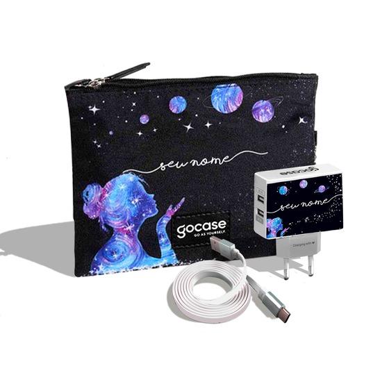 Kit Porta Acessórios Duplo - Poeira das Estrelas (Cabo Type C Simples + Carregador Duplo + Porta Acessórios Duplo)