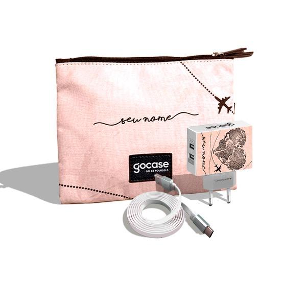 Kit Porta Acessórios Duplo - Coração Mapa Mundi Vintage (Cabo Type C Simples + Carregador Duplo + Porta Acessórios Duplo)