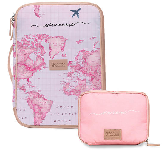 Kit Capa para Notebook Job + Porta Acessórios - Mapa Mundi Rosa