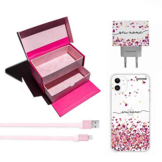 Kit Corações Flutuantes (Case + Carregador Duplo + Cabo Lightning + Caixa Duas Gavetas)