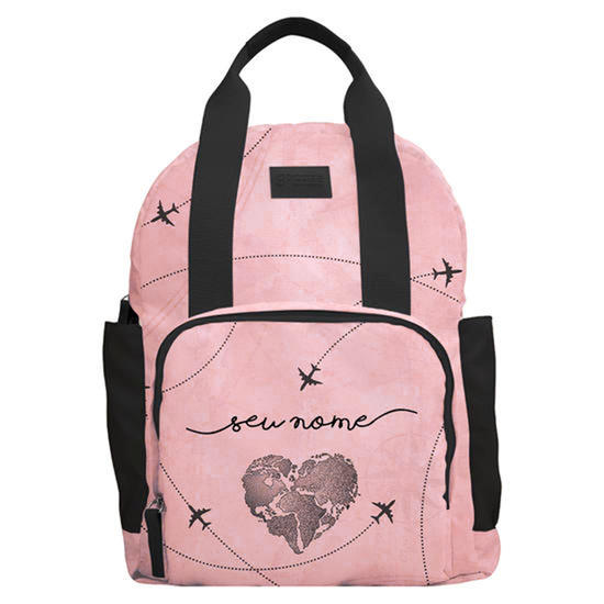 Mochila Feminina Moove - Coração Mapa Mundi Bege Manuscrita