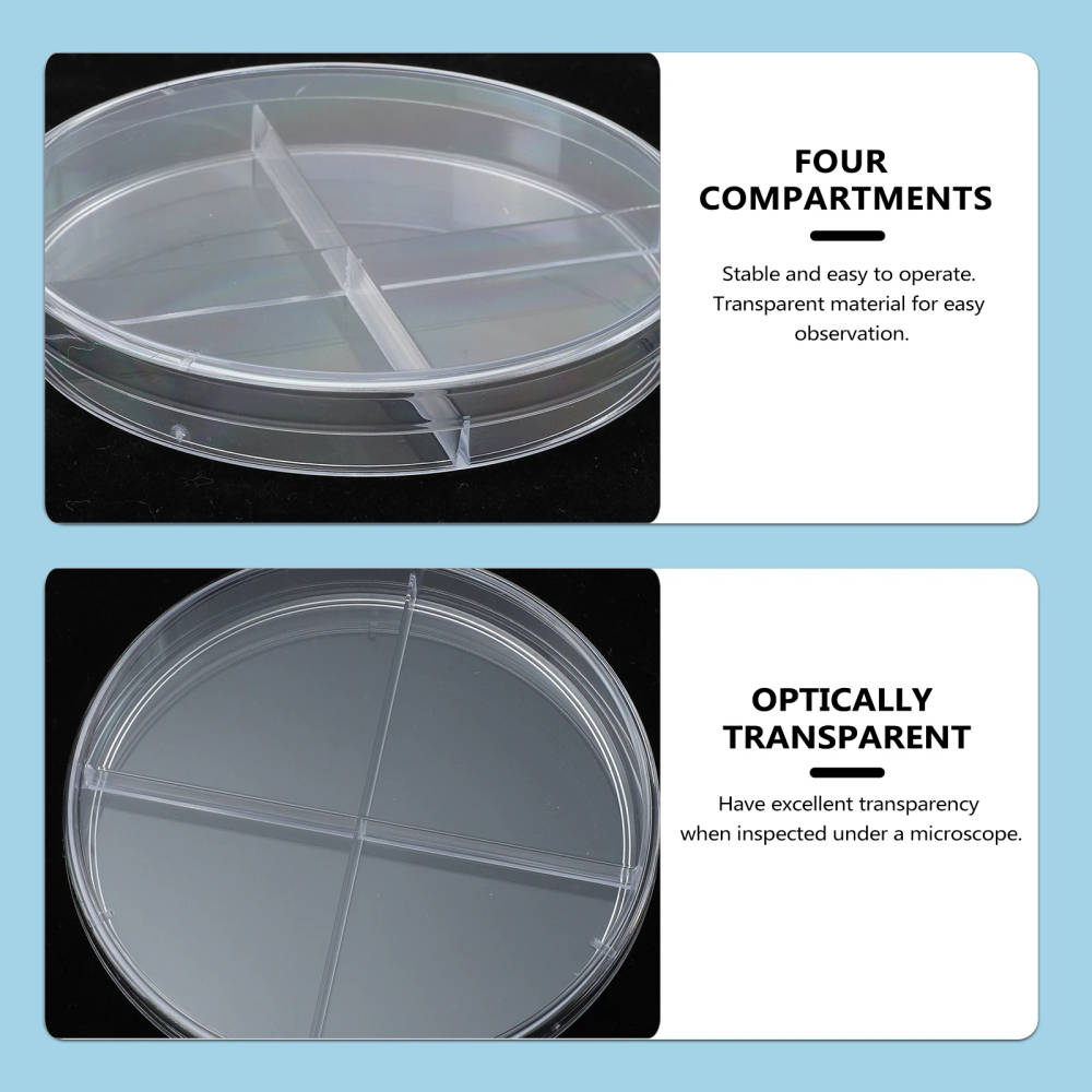 NUOLUX 10pcs Transparent Plastic Petri Dishes with Four Compartments for Cell Culture and Research High-quality, transparent plastic petri dishes with four compartments for cell culture, teaching, and scientific research. Ideal for UK educational institutions and laboratories. High-quality, transparent plastic petri dishes with four compartments for cell culture, teaching, and scientific research. Ideal for UK educational institutions and laboratories. NUOLUX 10pcs Transparent Plastic Petri Dishes with Four Compartments for Cell Culture and Research - Image 6