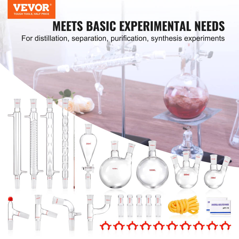Comprehensive Laboratory Distillation Kit for Essential Oil Extraction and Education 32-piece laboratory distillation kit with 24/40 joint, made from robust 3.3 borosilicate glass, suitable for essential oil extraction, distillation, and reflux experiments 32-piece laboratory distillation kit with 24/40 joint, made from robust 3.3 borosilicate glass, suitable for essential oil extraction, distillation, and reflux experiments Comprehensive Laboratory Distillation Kit for Essential Oil Extraction and Education - Image 2